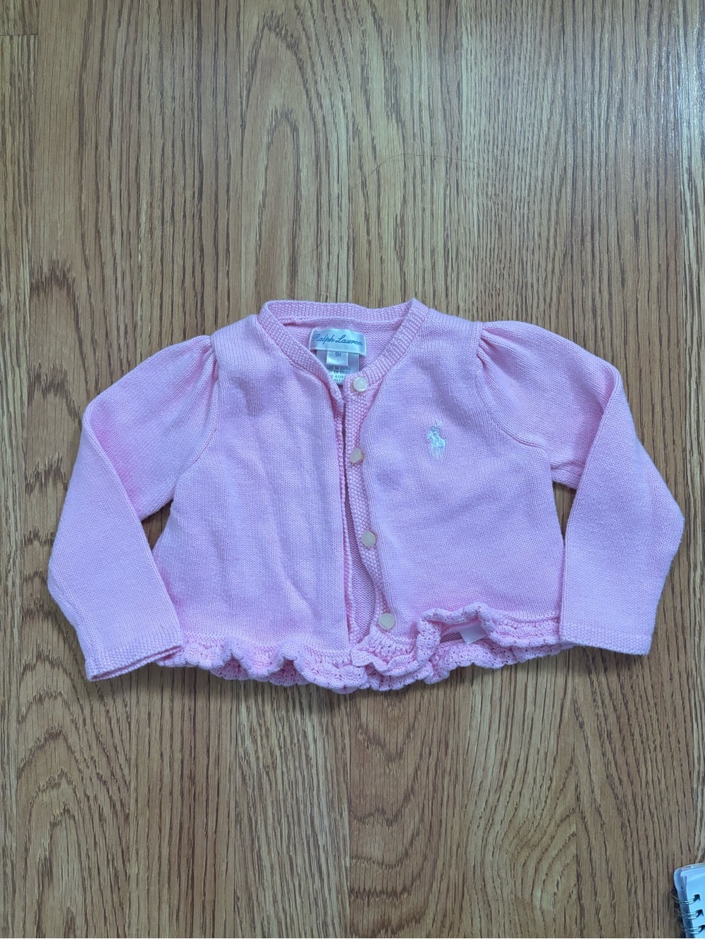 Ralph Lauren Light Pink Knit Cardigan with Ruffle Hem